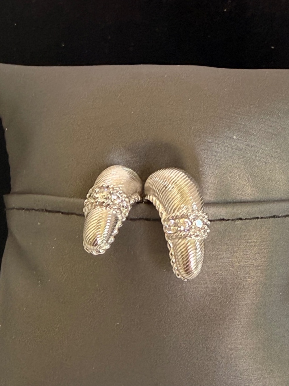 Judith Ripka 925 Pave Diamonique Huggie Hoop Textured 1/2 Hoop Clip Earring